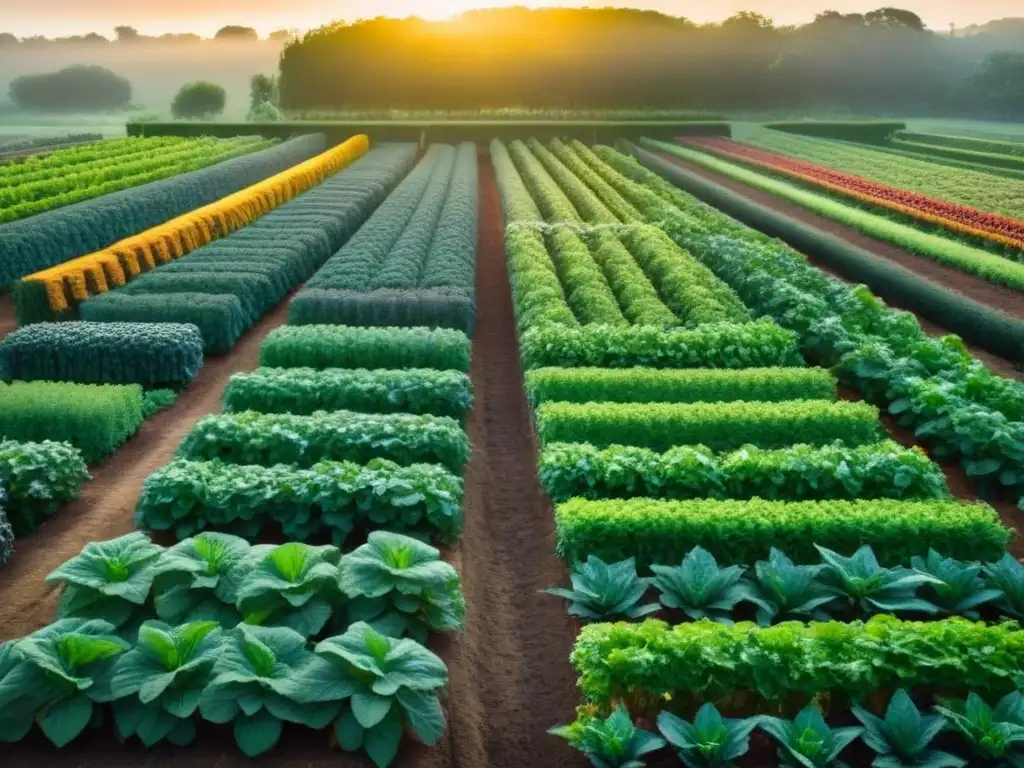 Un jardín exuberante con vegetales y frutas en armonía bajo la luz dorada, resaltando la belleza de una Dieta basada en plantas sostenible