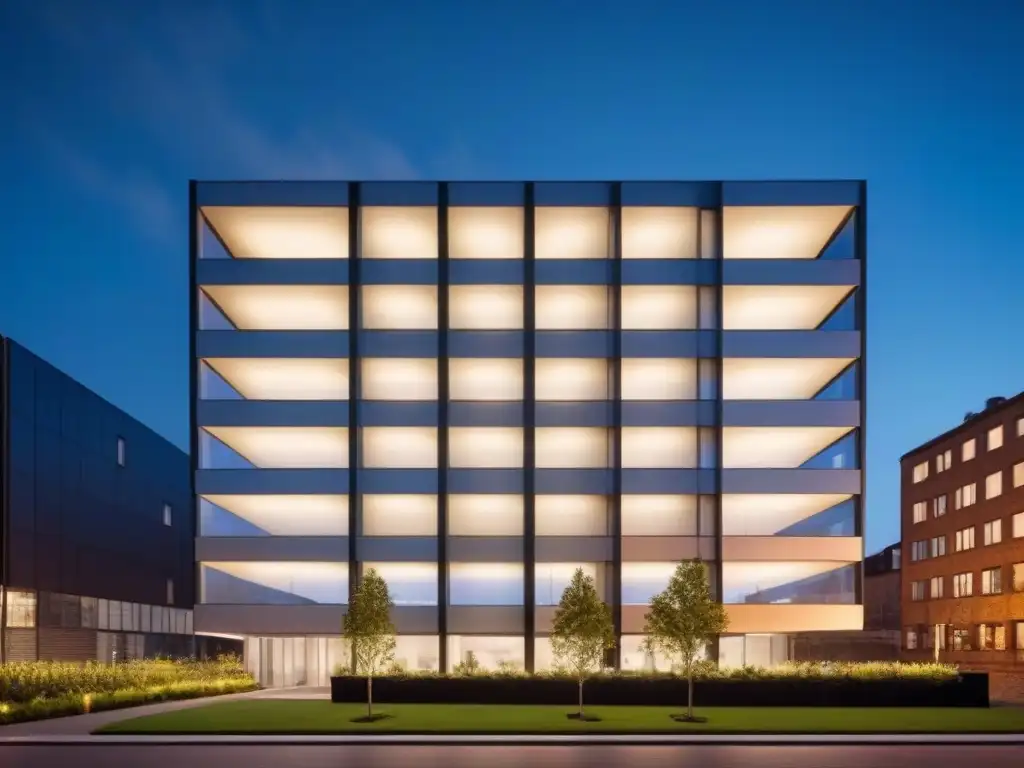 Fachada moderna iluminada con sistema LED, destacando la sostenibilidad y la innovación en la construcción