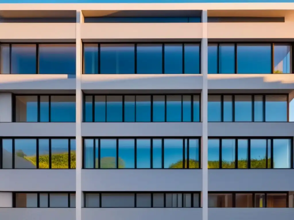 Fachada moderna con juego de luces y sombras, reflejando eficiencia energética con materiales cambio de fase