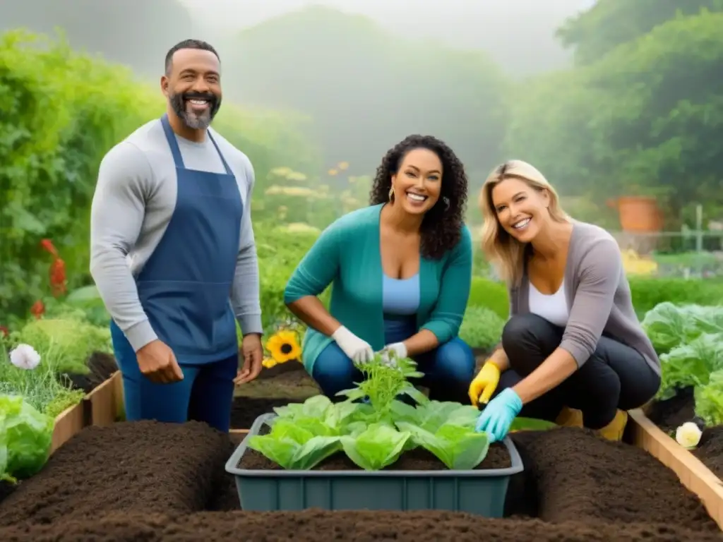 Una familia diversa disfruta juntos de un estilo de vida zero waste en su jardín vibrante