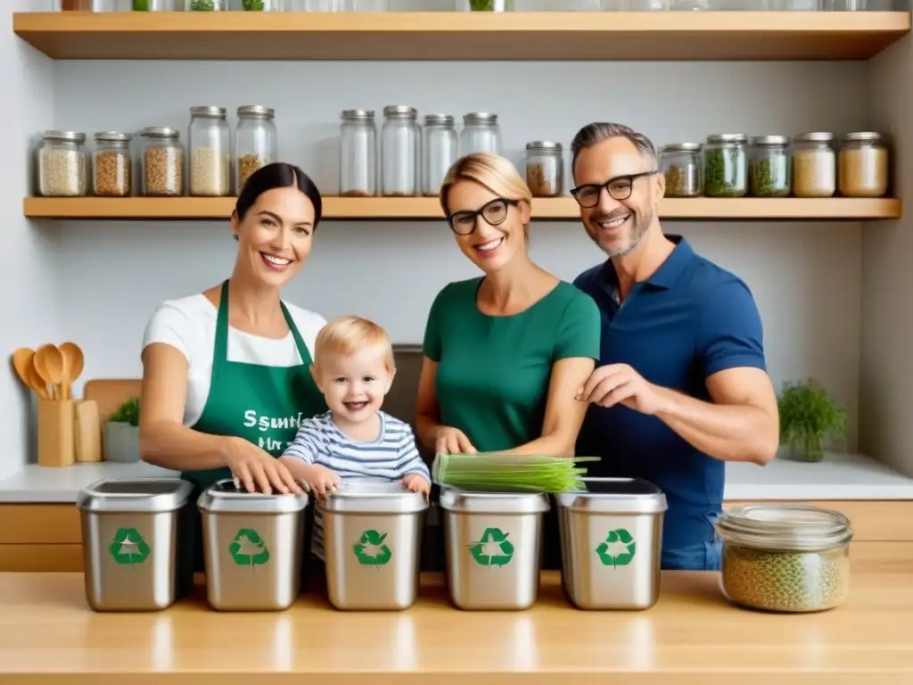 Una familia feliz clasifica materiales reciclables en cocina ecológica