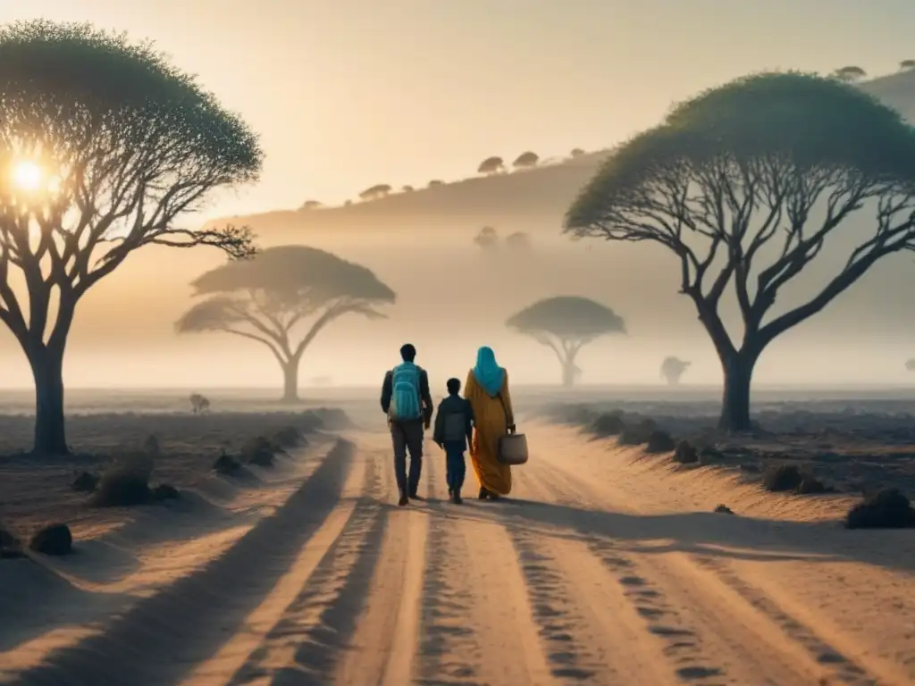 Familia en migración forzada por cambio climático bajo un sol abrasador en paisaje árido