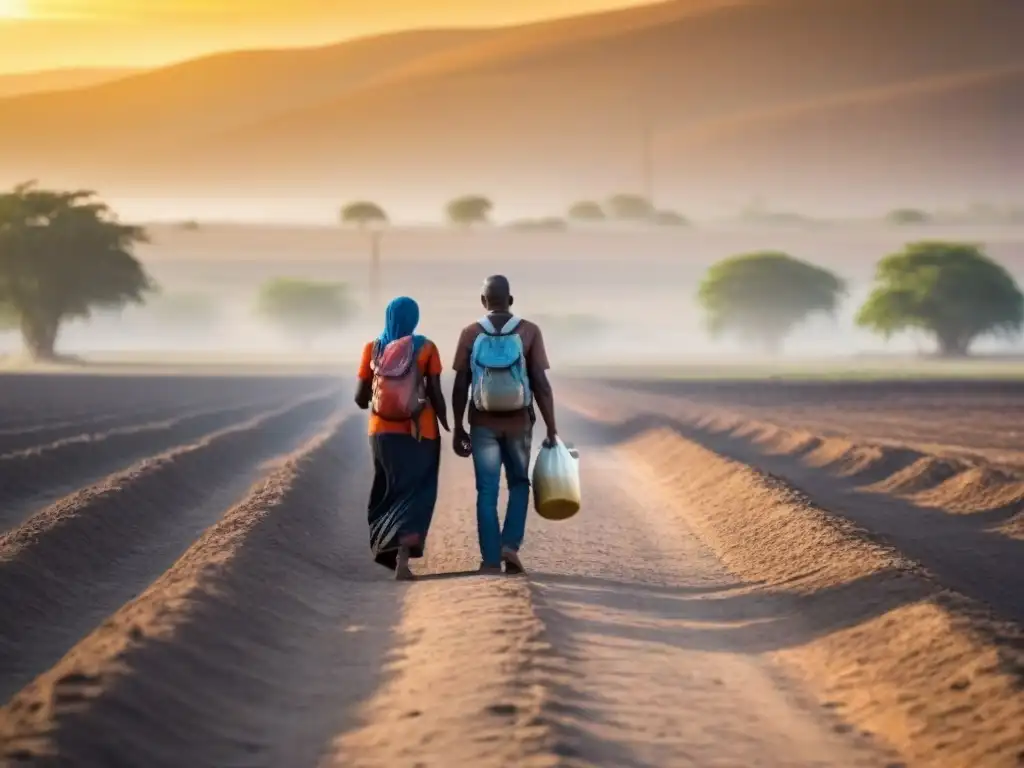 Una familia camina con sus pertenencias por un paisaje árido y seco bajo un sol abrasador, reflejando la migración forzada por el cambio climático