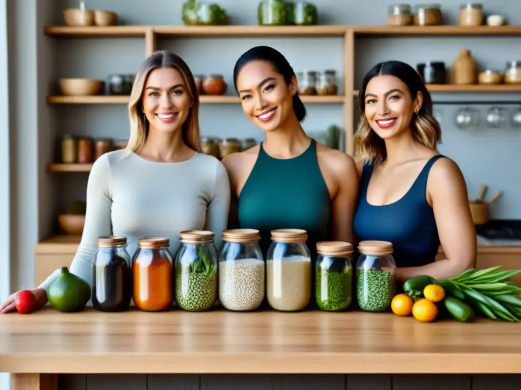 Una familia sonriente en su cocina zero waste, mostrando un estilo de vida eco-friendly y armonioso