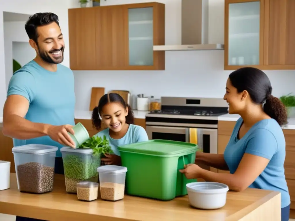 Una familia unida adopta un estilo de vida zero waste en su hogar moderno y minimalista