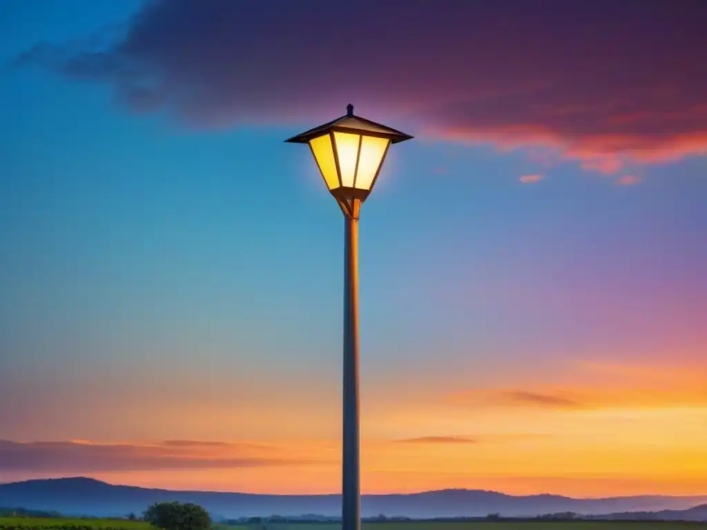 Un farol solar moderno iluminando una comunidad rural al atardecer, simbolizando progreso en comunidades sostenibles