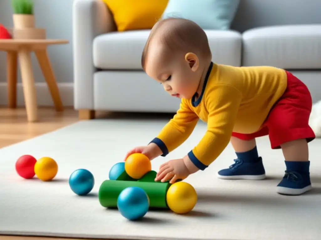 Niño juega feliz con juguetes de madera coloridos y libres de químicos en habitación soleada, evitando riesgos químicos en juguetes