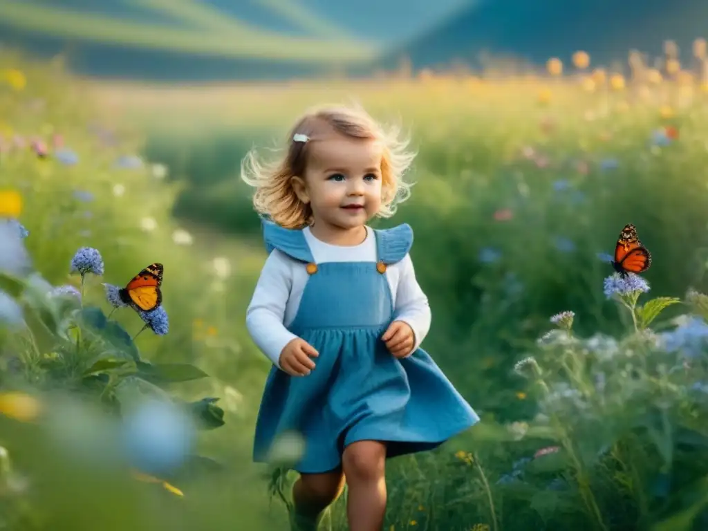Niño feliz en prado ecofriendly Niño feliz jugando en prado verde con moda sostenible, rodeado de flores y mariposas, valores ecológicos