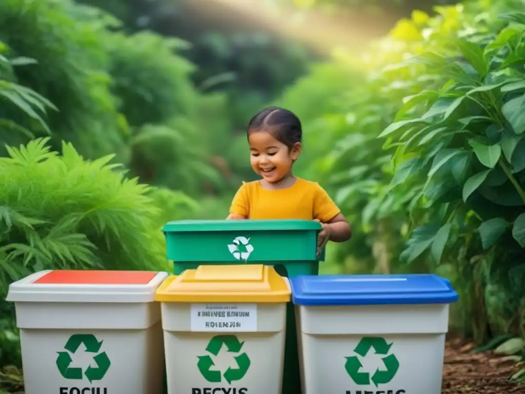 Niño feliz clasificando reciclables entre plantas verdes y símbolos coloridos