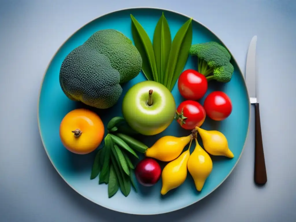 Un festín de frutas y verduras frescas y coloridas en un plato, reflejando la esencia de una dieta sostenible eco-friendly