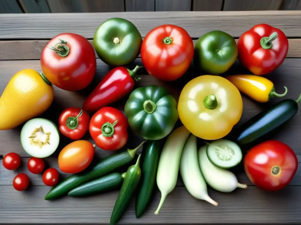 Un festín de frutas y verduras frescas en una mesa de madera rústica, ideal para técnicas conservas caseras ecológicas