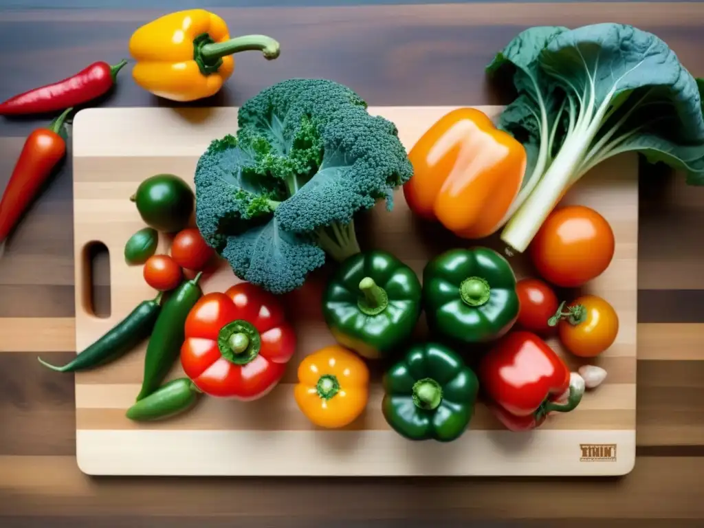 Un festín de ingredientes orgánicos frescos y vibrantes en una tabla de cortar de madera