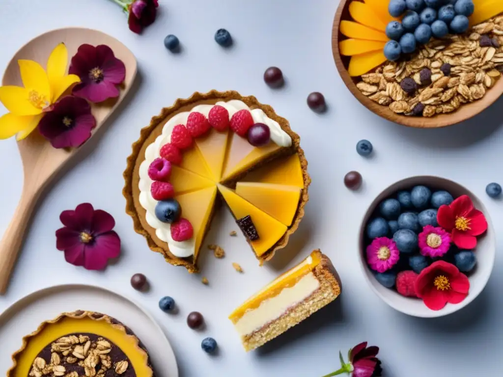 Un festín de postres zero waste: tarta de frutas, pastel vegano, barras de granola caseras y flores comestibles en platos de bambú sostenibles