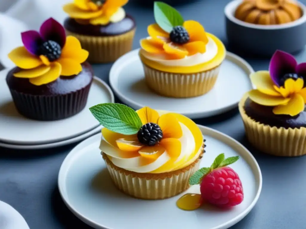 Un festín de postres zero waste: tarta de frutas, cupcakes veganos y pastel, decorados con flores comestibles y miel