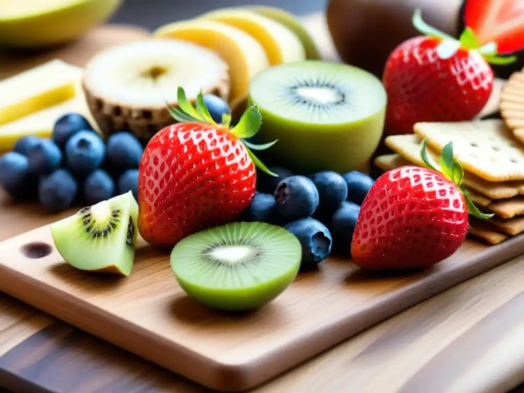 Deliciosos snacks orgánicos en tabla de madera Un festín de snacks ecológicos saludables día a día, vibrantes y apetitosos en una tabla de madera moderna