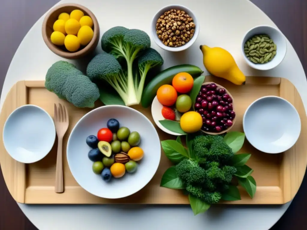 Un festín vegano en mesa minimalista: Alimentación consciente para vida sostenible