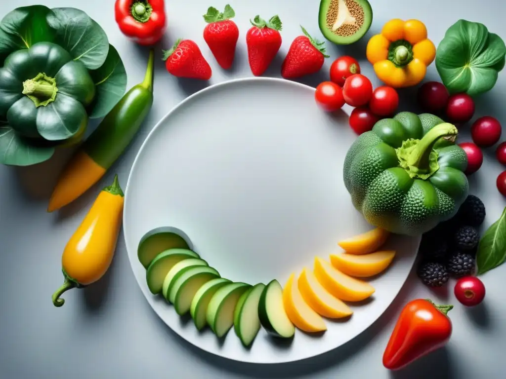 Un festín vibrante de frutas y verduras en un elegante plato blanco