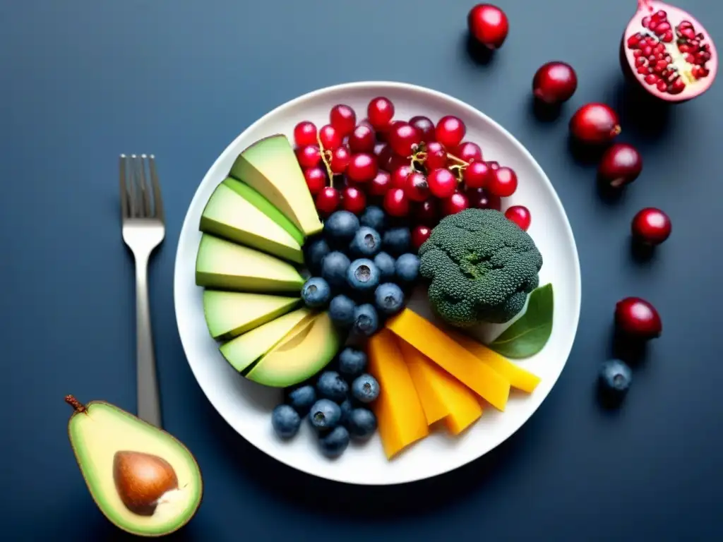 Un festín visual de superalimentos en un elegante plato blanco contra un fondo oscuro