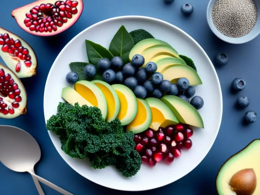 Un festín visual de superalimentos vibrantes y saludables en un plato blanco moderno