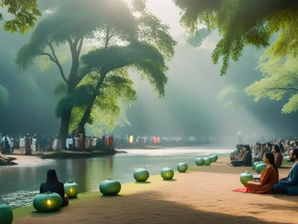 Un festival literario verde sostenible: escenario minimalista rodeado de naturaleza, poesía y libros bajo la luz del sol filtrada entre las hojas