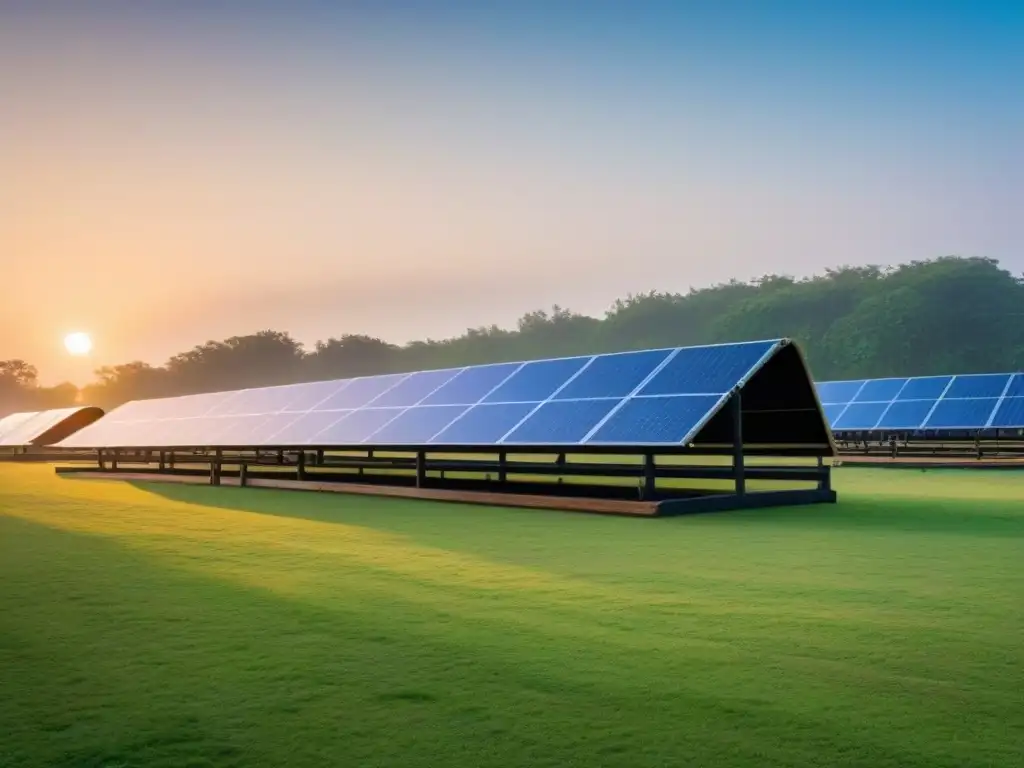 Un festival sostenible en un campo verde con paneles solares, contenedores de reciclaje y estaciones de compostaje, bajo un cielo azul brillante