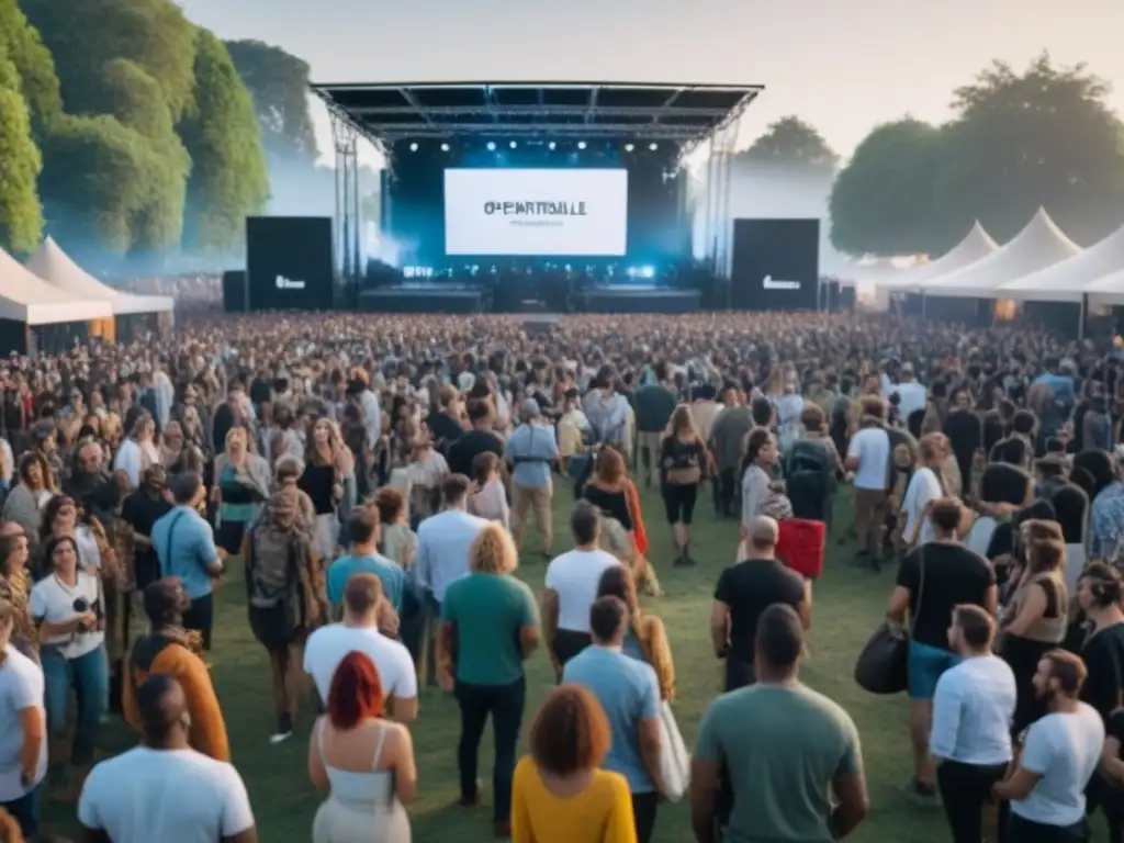 Un festival de música sostenible: multitud diversa disfruta la música rodeada de naturaleza y energía solar