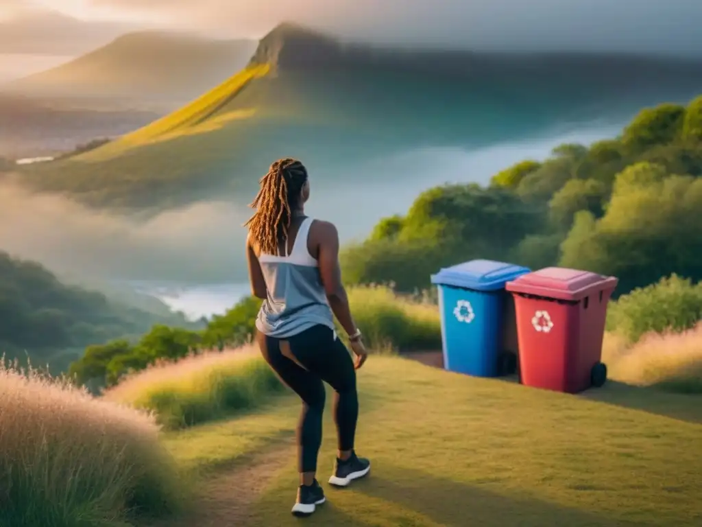 Festivales zero waste música ambiental: Festivaleros bailando felices entre naturaleza vibrante y contenedores de reciclaje coloridos al atardecer