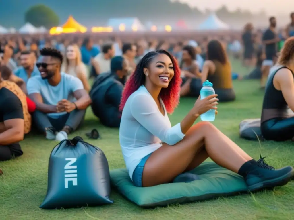 Festivales zero waste música ambiental: Grupo diverso disfruta de la música rodeado de iniciativas ecológicas en un campo