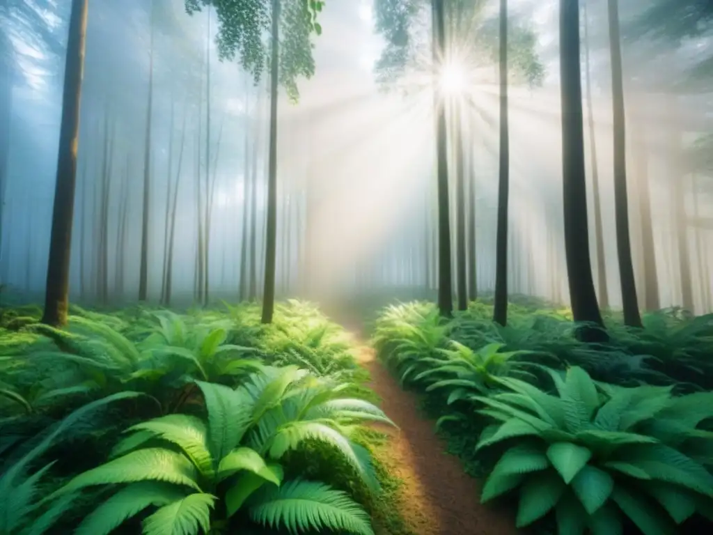 Festivales sostenibles mundo ecofriendly: Bosque verde con luz solar filtrándose entre los árboles, creando sombras suaves en el suelo