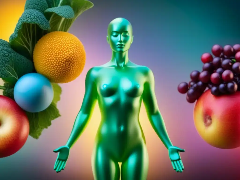 Figura humana transparente rodeada de químicos en alimentos y salud, con estructuras moleculares coloridas y complejas