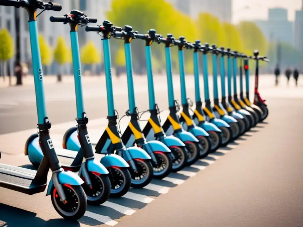 Una fila de brillantes scooters eléctricos para niños, coloridos y sostenibles en la acera soleada