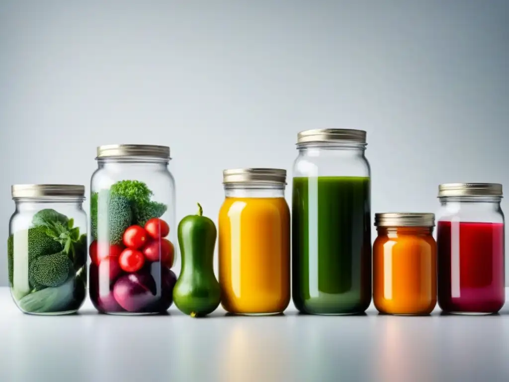 Una fila de frascos de vidrio con frutas y verduras coloridas, en un fondo blanco