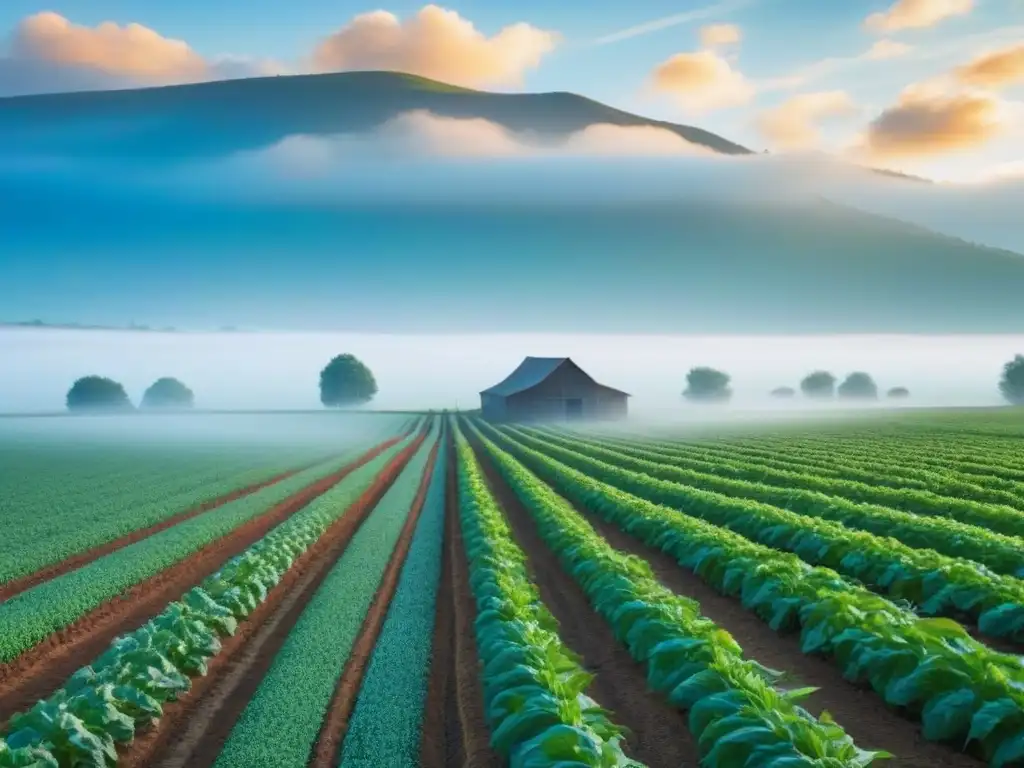 Amanecer en finca ecológica con cultivos, granja y cielo azul