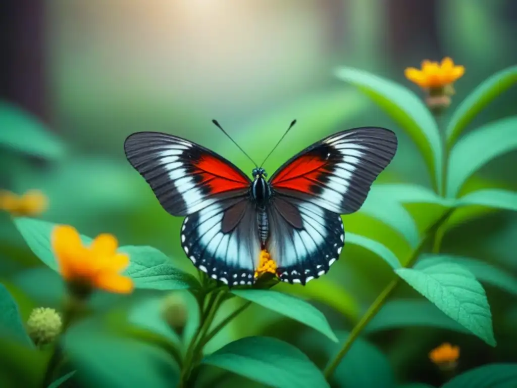 Mariposa en flor silvestre en paisaje natural sereno, muestra detalles naturales con efectos ambientales edulcorantes