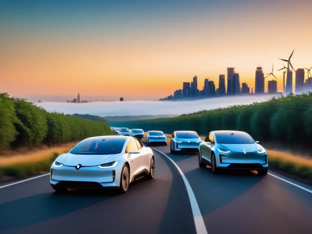 Flota de vehículos eléctricos avanzados en autopista futurista al atardecer