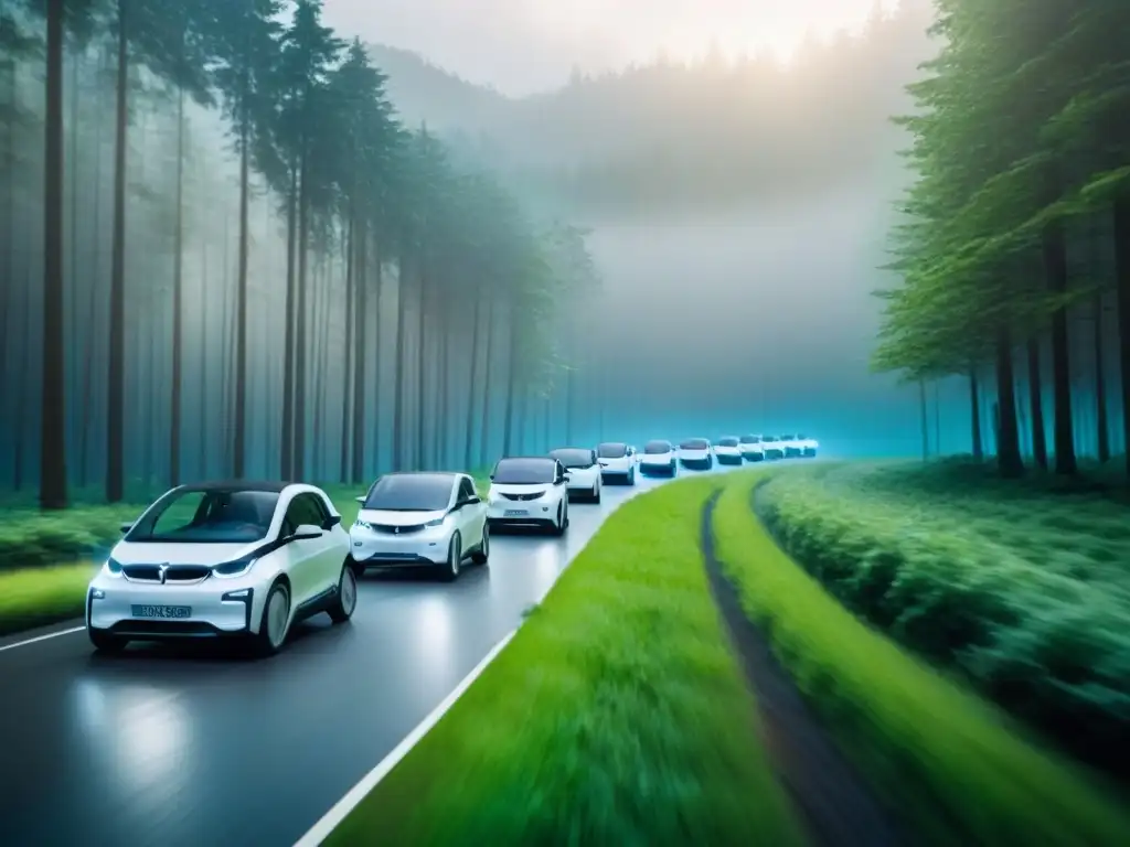 Flotas vehiculares sostenibles con Big Data: vehículos eléctricos transitando en un bosque verde, armonía entre tecnología y naturaleza