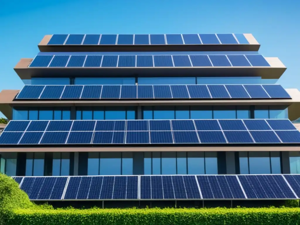 Invertir en fondos sostenibles: Edificio moderno con paneles solares, rodeado de vegetación y cielo azul