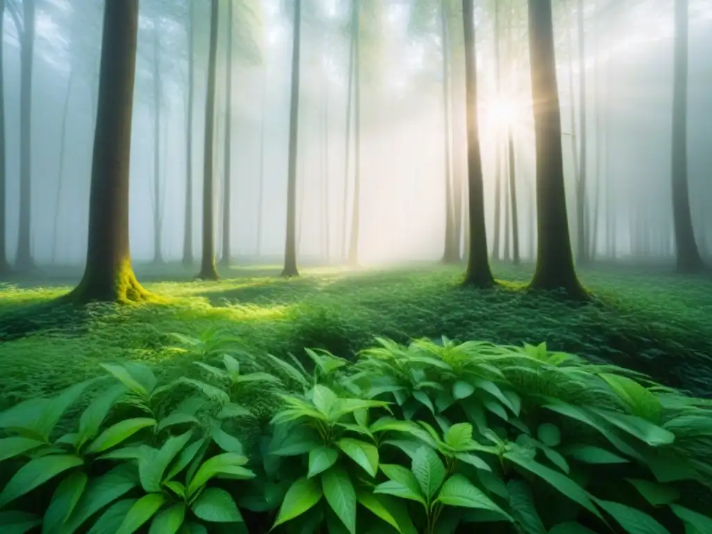 Invertir en fondos sostenibles: Bosque verde exuberante iluminado por el sol, transmitiendo armonía y sostenibilidad