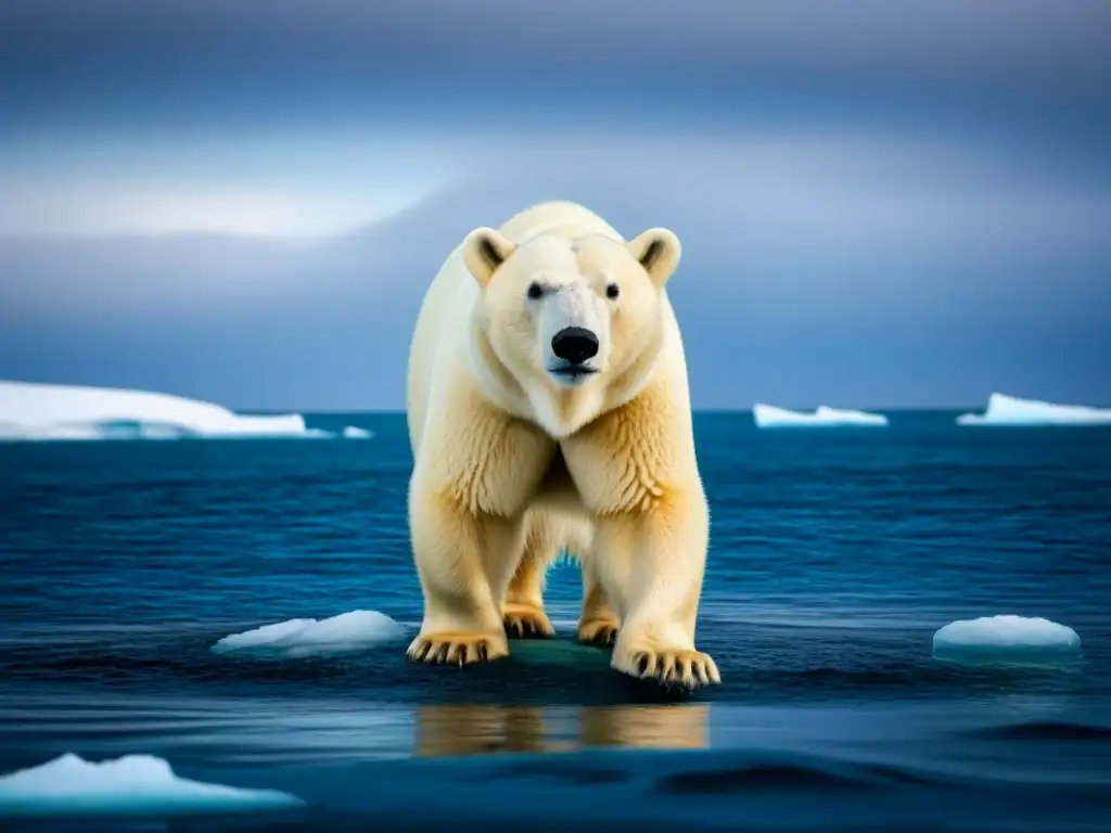 Foto sostenible: oso polar solitario en témpano de hielo derritiéndose en el Ártico