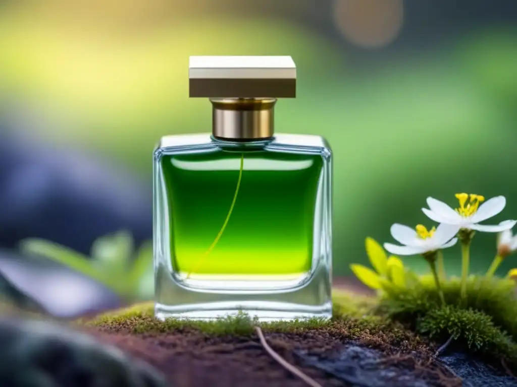 Un frasco de perfume ecológico sostenible zero waste en un lecho de musgo y flores silvestres, en un entorno de bosque sereno y natural