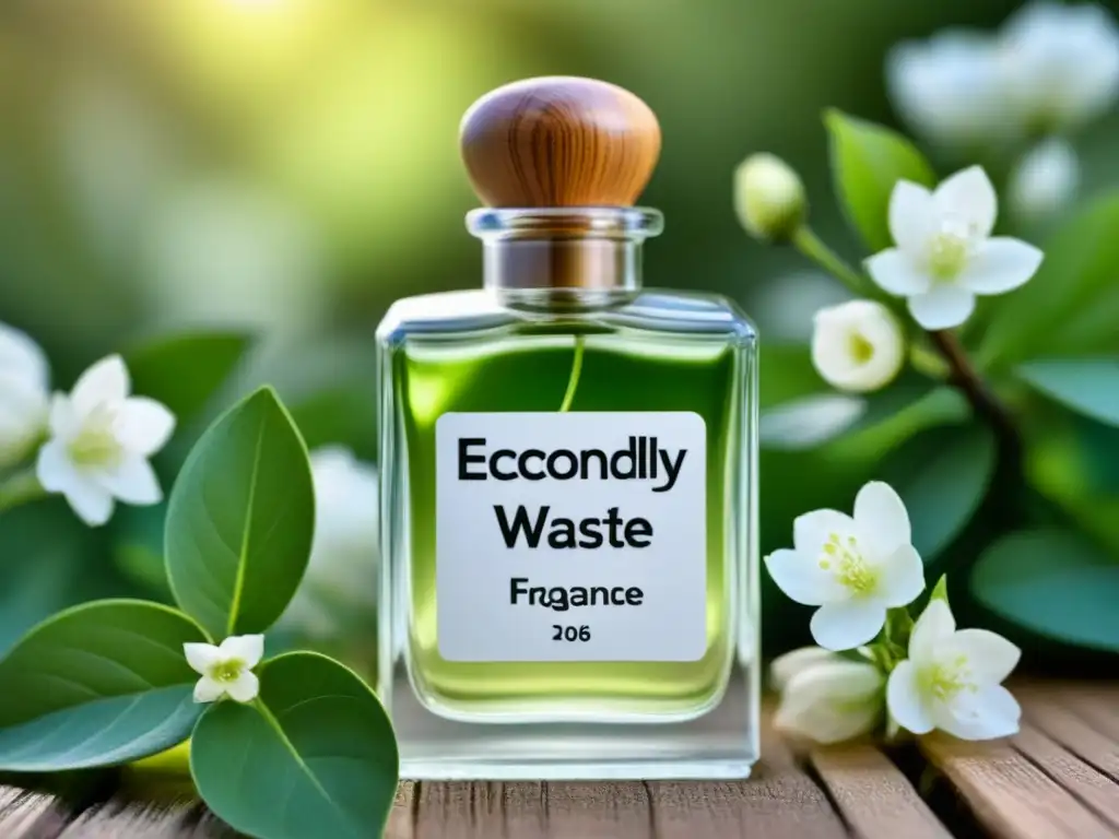 Frasco de perfume transparente con etiqueta 'Perfumes ecológicos sostenibles zero waste' rodeado de naturaleza fresca y flores blancas