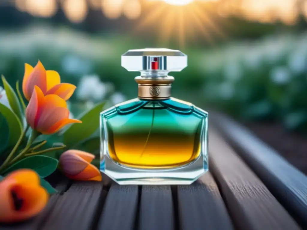 Frasco de perfume de vidrio en medio de flores vibrantes, representando la armonía entre lujo y sostenibilidad en perfumes ecológicos zero waste