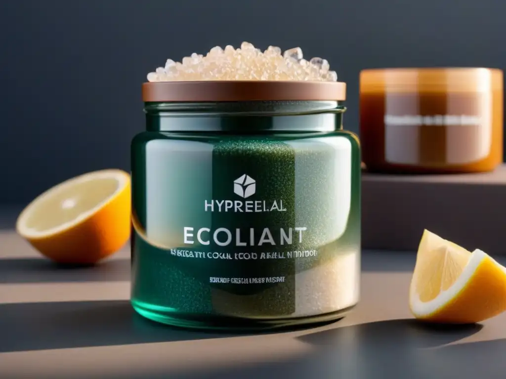 Un frasco de vidrio de alta gama lleno de exfoliantes ecofriendly, iluminado naturalmente