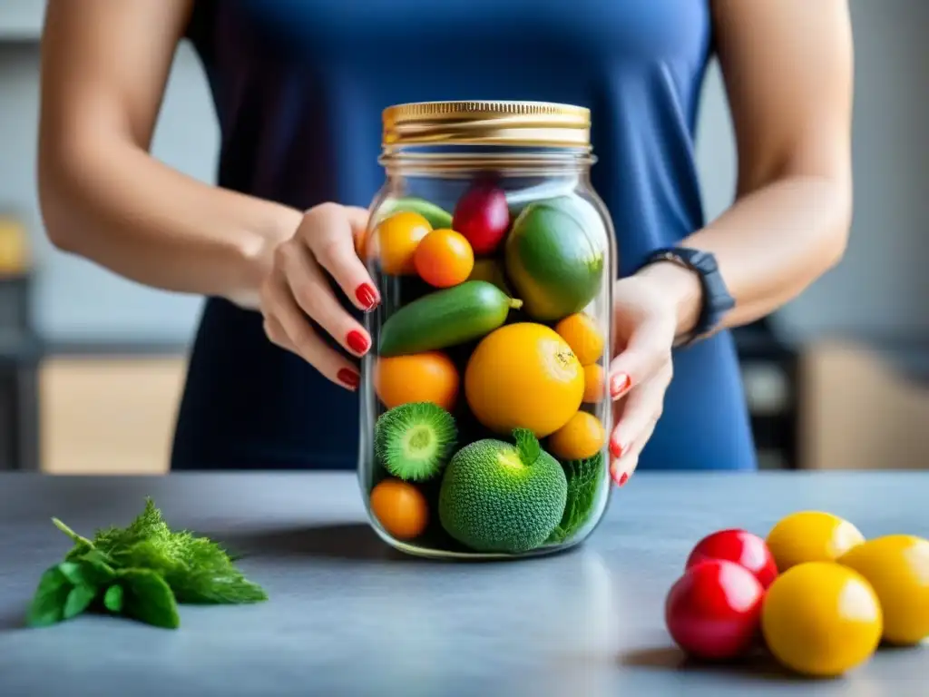 Un frasco de vidrio rebosante de frutas y verduras coloridas, reflejando la diversidad del estilo de vida sostenible zero waste