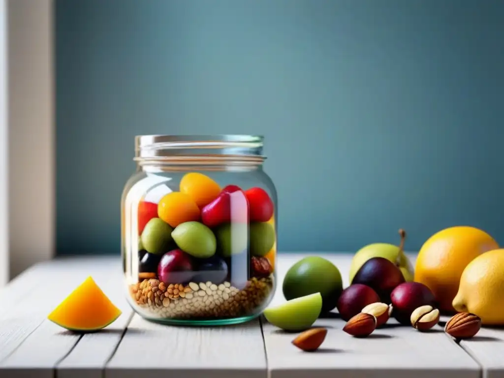 Un frasco de vidrio reutilizable con capas de frutas, frutos secos y semillas en una mesa de madera clara, iluminado suavemente por la ventana