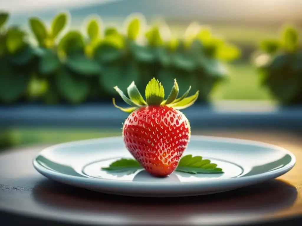 Una fresca fresa madura sobre un plato blanco, en un jardín soleado