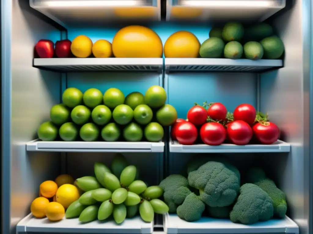 Un frigorífico lleno de frutas, verduras y lácteos organizados, transmitiendo armonía y abundancia en un estilo de vida sin desperdicio