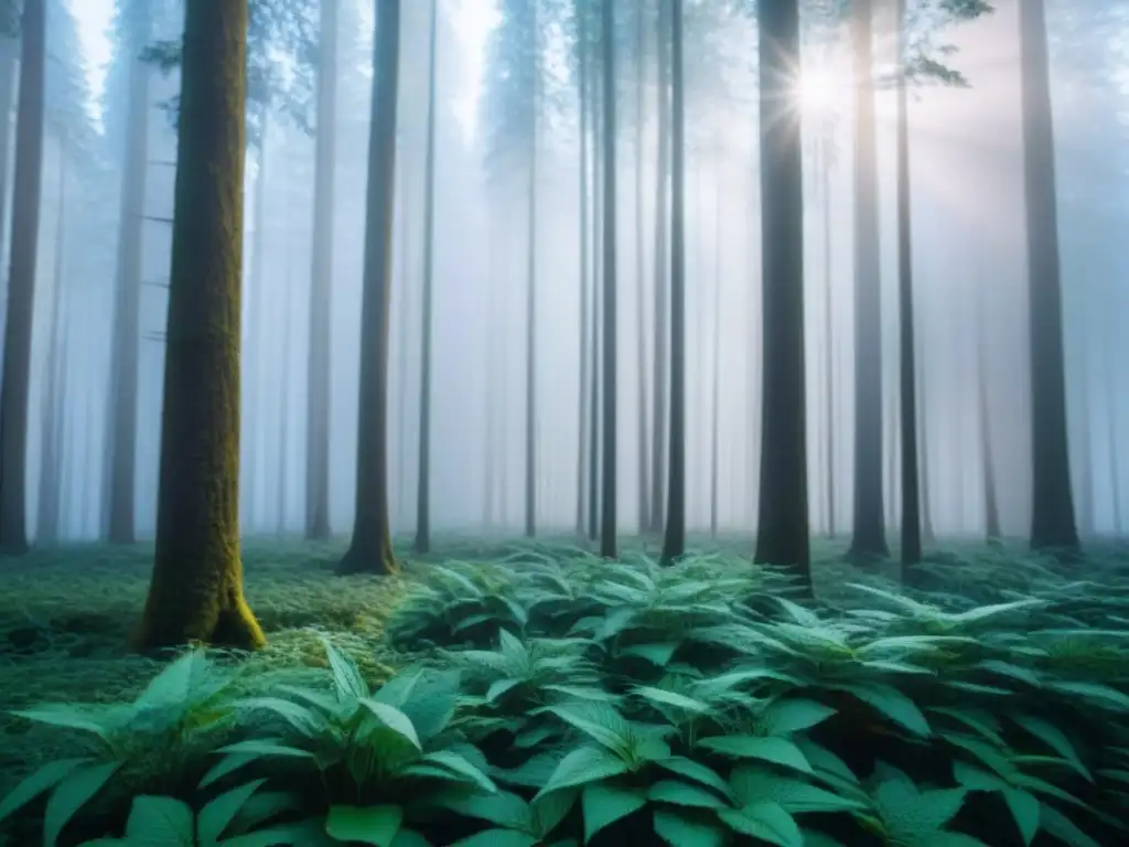 Un frondoso bosque verde con árboles altos formando un dosel denso, filtrando la luz solar para crear patrones en el suelo