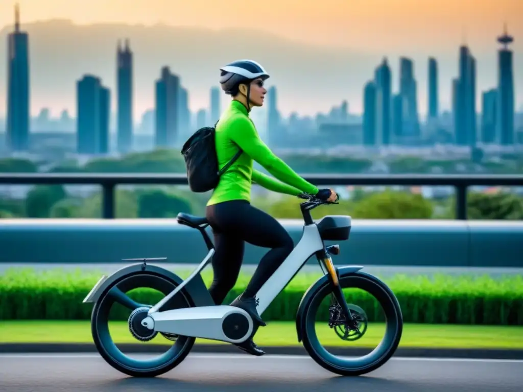 Futurista bicicleta eléctrica con gadgets tecnológicos en ciudad sostenible