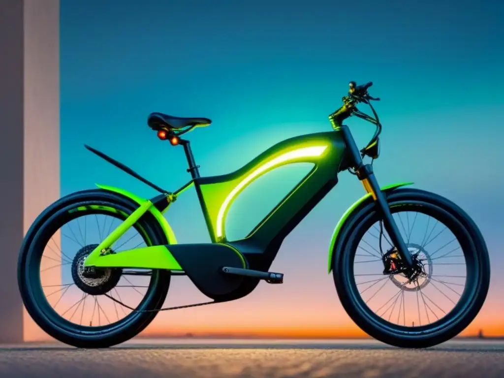 Futurista bicicleta eléctrica negra con detalles verdes y paneles solares, en un entorno tecnológico y sostenible